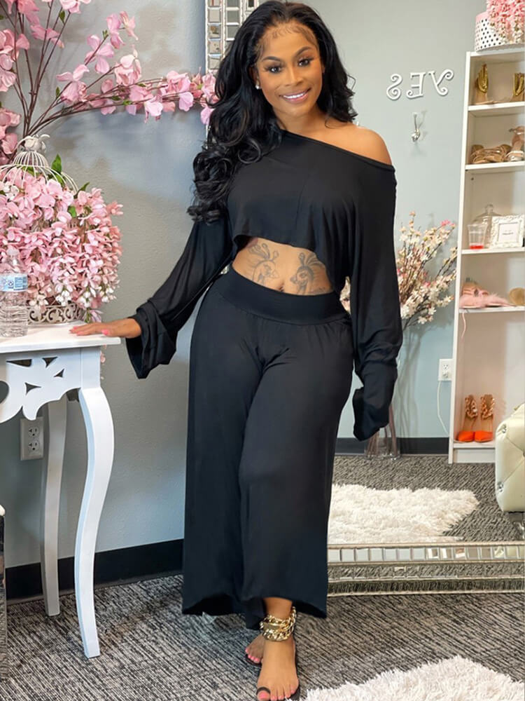 Two Piece One Shoulder Long Sleeve Crop Top Wide Leg Pants