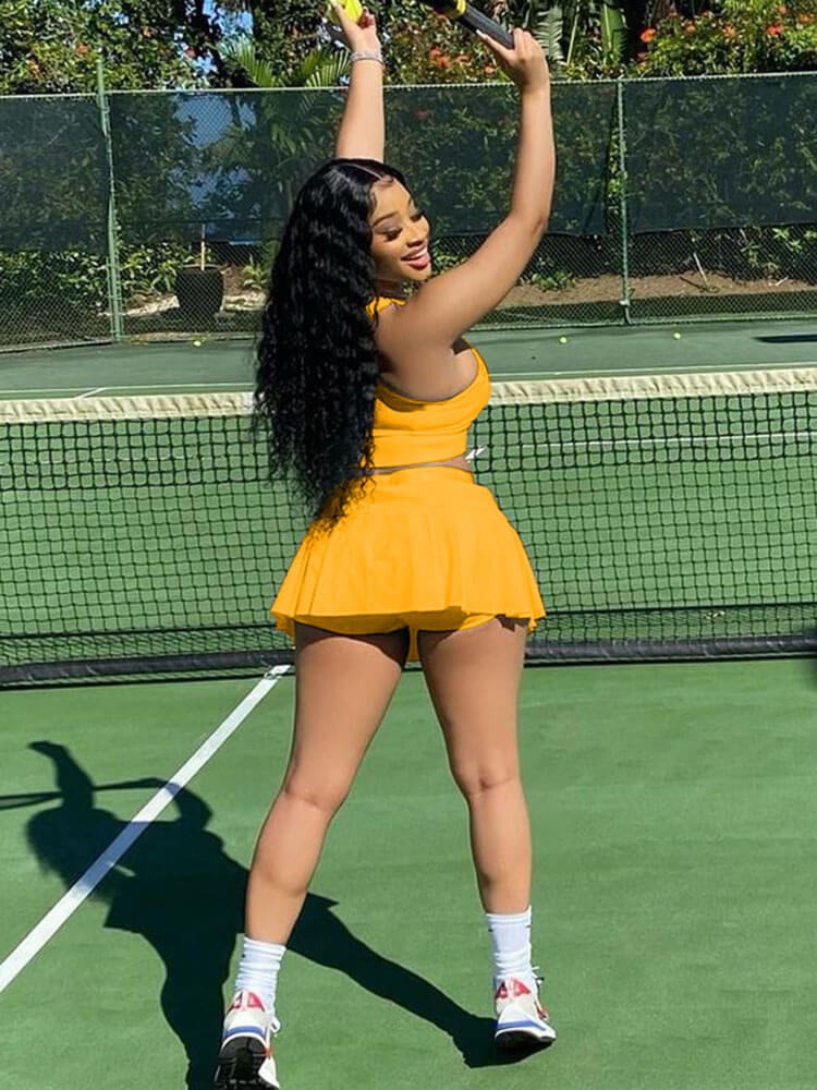 Two Piece Sleeveless Tank Crop Top & Pleated Mini Skirt