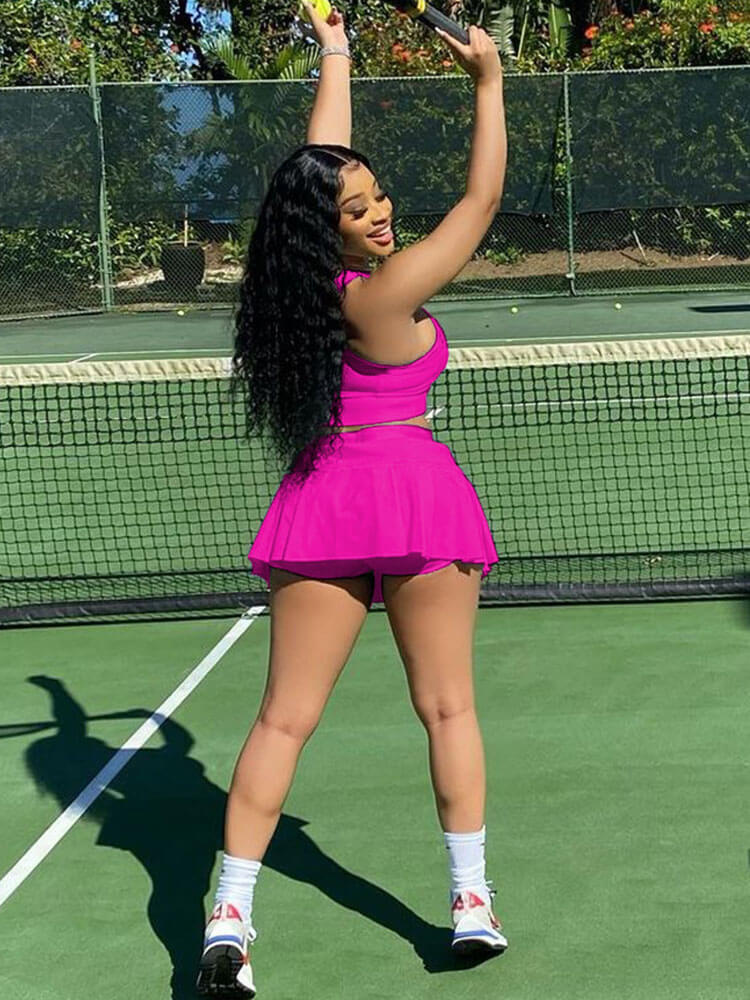 Two Piece Sleeveless Tank Crop Top & Pleated Mini Skirt