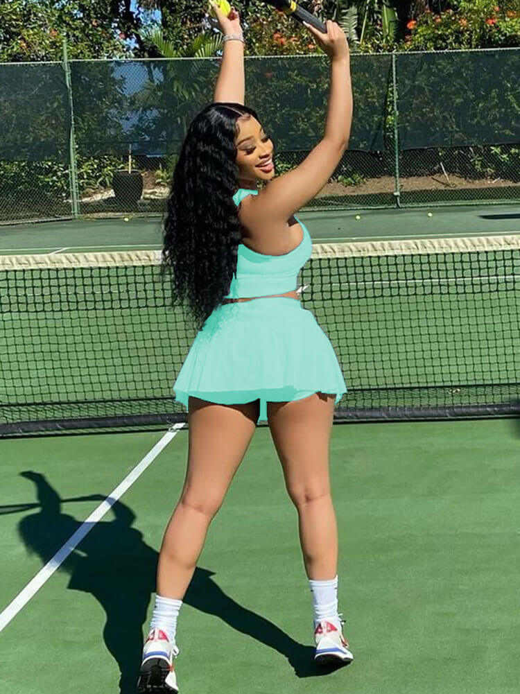 Two Piece Sleeveless Tank Crop Top & Pleated Mini Skirt