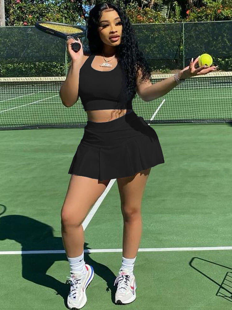Two Piece Sleeveless Tank Crop Top & Pleated Mini Skirt