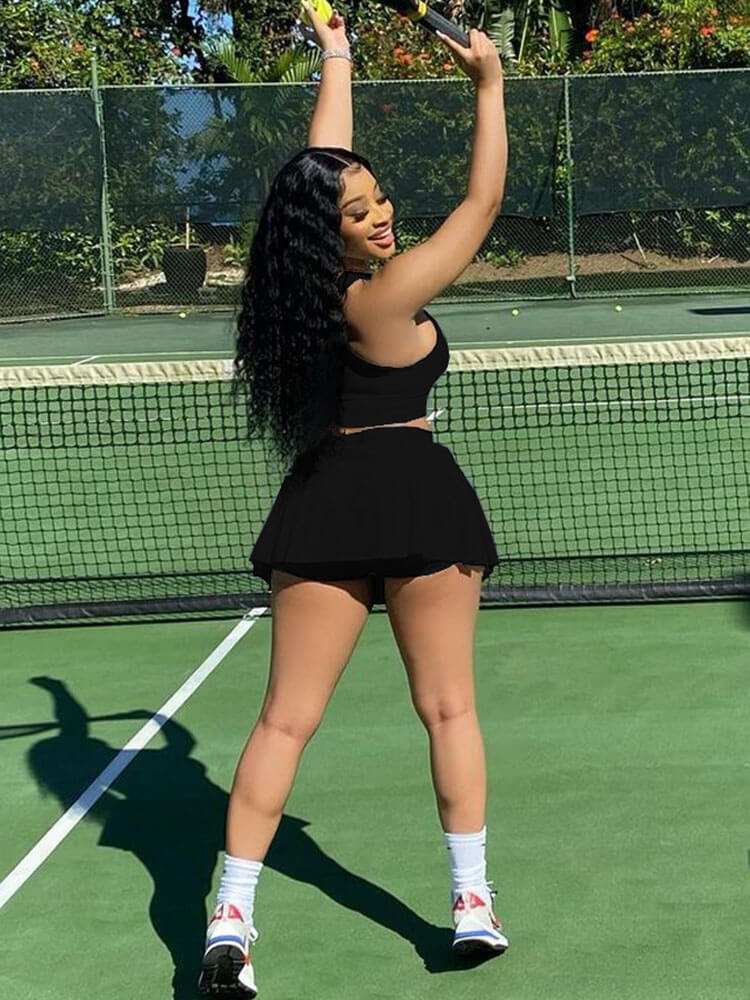 Two Piece Sleeveless Tank Crop Top & Pleated Mini Skirt