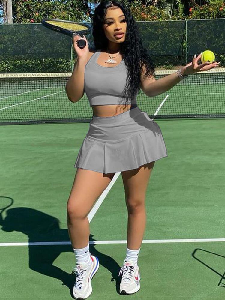 Two Piece Sleeveless Tank Crop Top & Pleated Mini Skirt