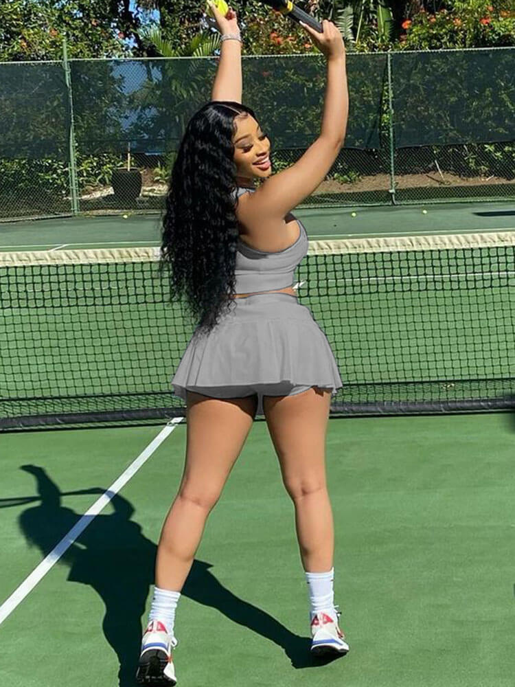 Two Piece Sleeveless Tank Crop Top & Pleated Mini Skirt