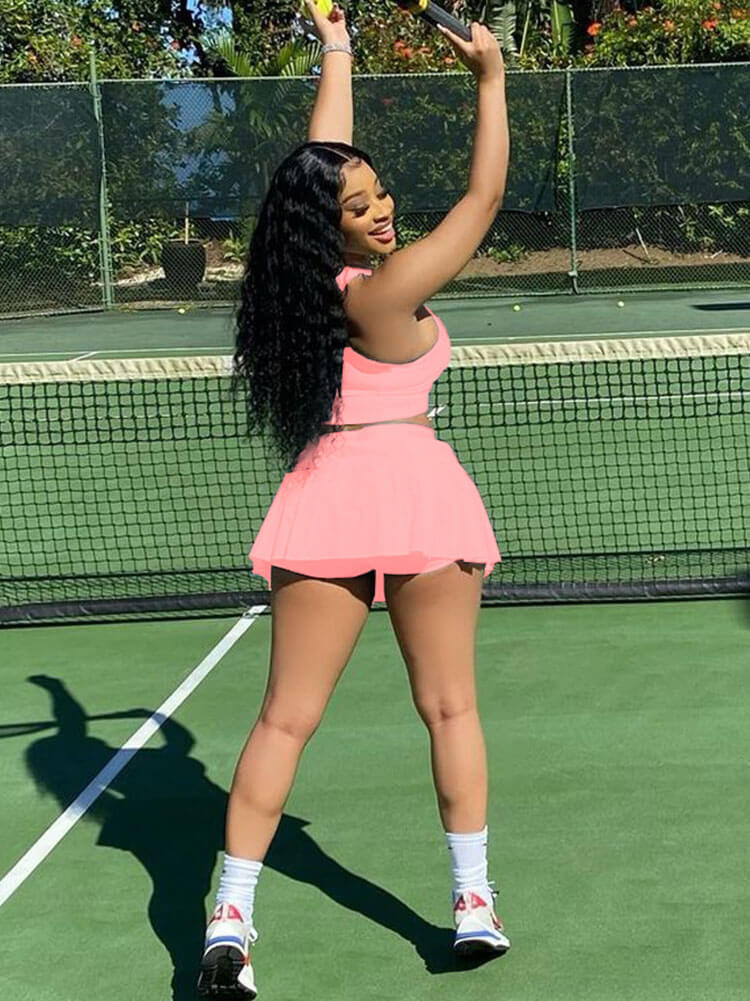 Two Piece Sleeveless Tank Crop Top & Pleated Mini Skirt