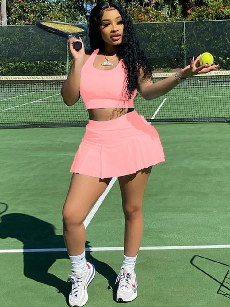 Two Piece Sleeveless Tank Crop Top & Pleated Mini Skirt