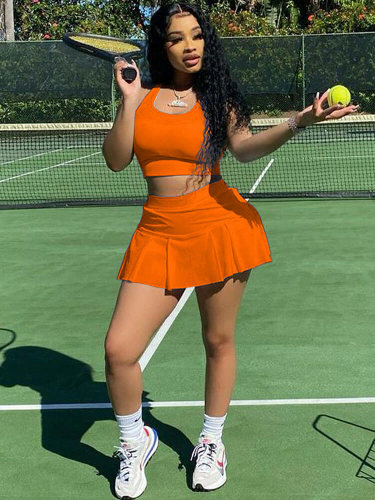 Two Piece Sleeveless Tank Crop Top & Pleated Mini Skirt