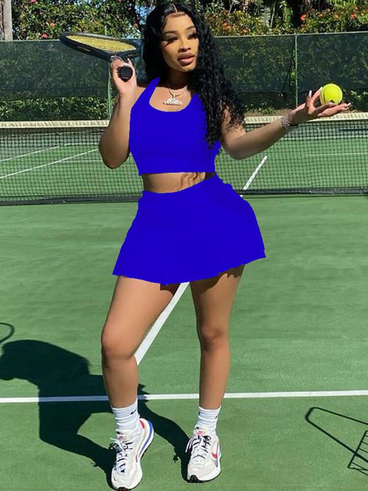 Two Piece Sleeveless Tank Crop Top & Pleated Mini Skirt