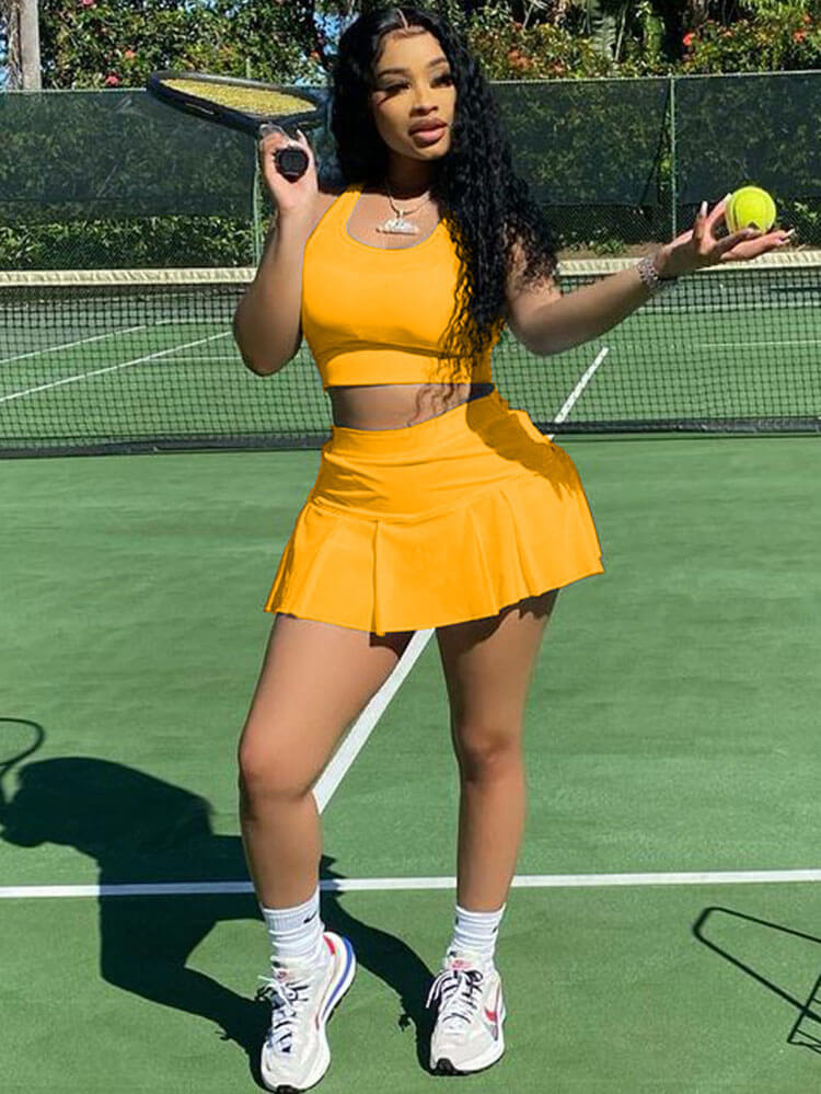 Two Piece Sleeveless Tank Crop Top & Pleated Mini Skirt
