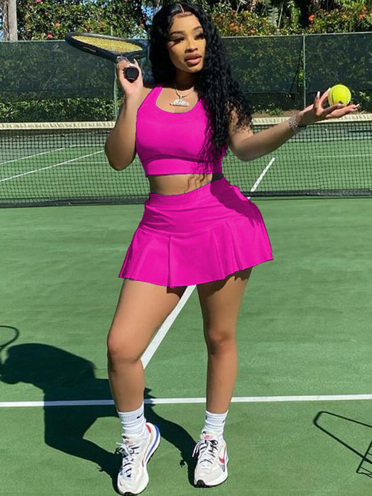 Two Piece Sleeveless Tank Crop Top & Pleated Mini Skirt
