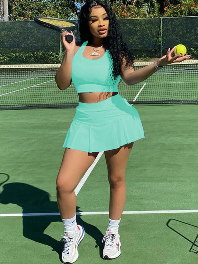 Two Piece Sleeveless Tank Crop Top & Pleated Mini Skirt