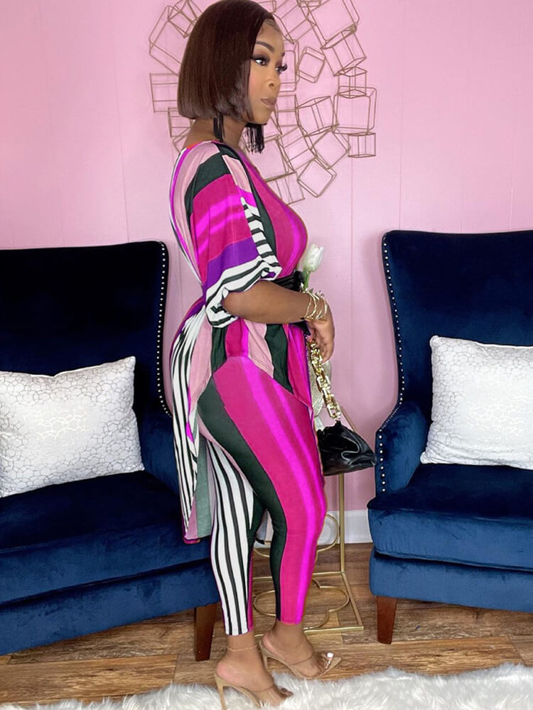 Two Piece Printed Irregular Tops & Skinny Long Pants