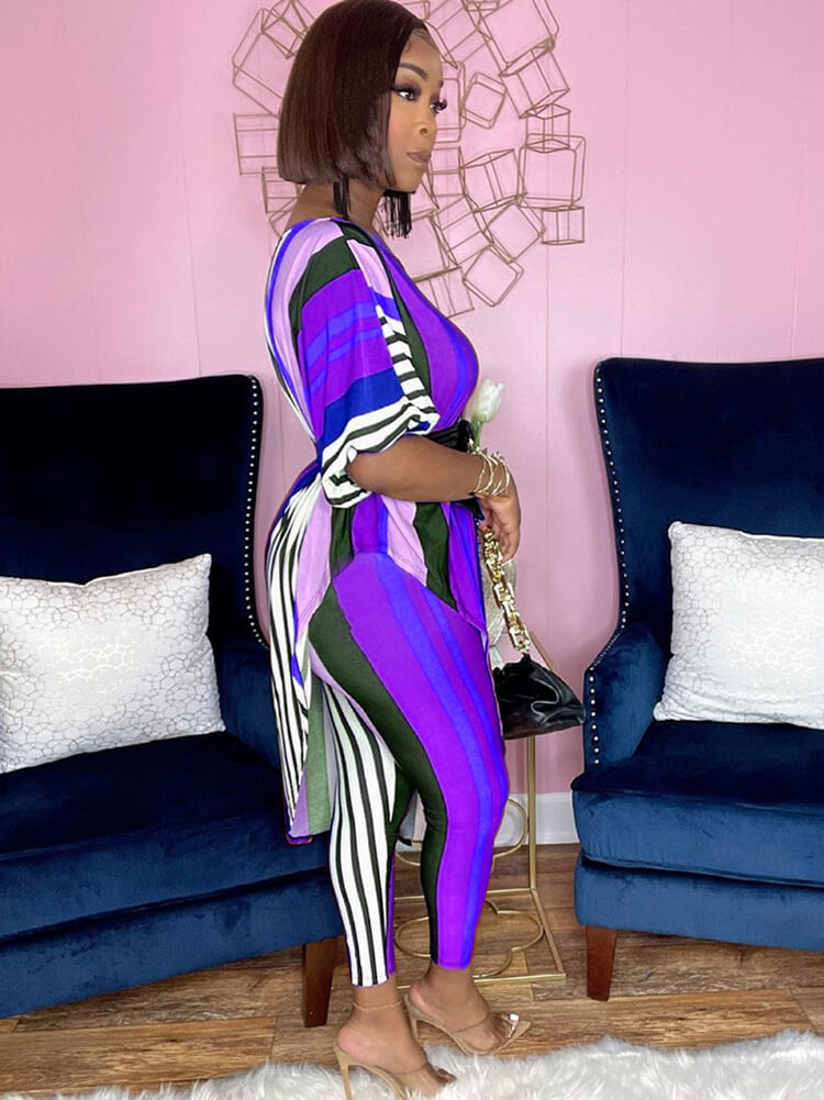 Two Piece Printed Irregular Tops & Skinny Long Pants