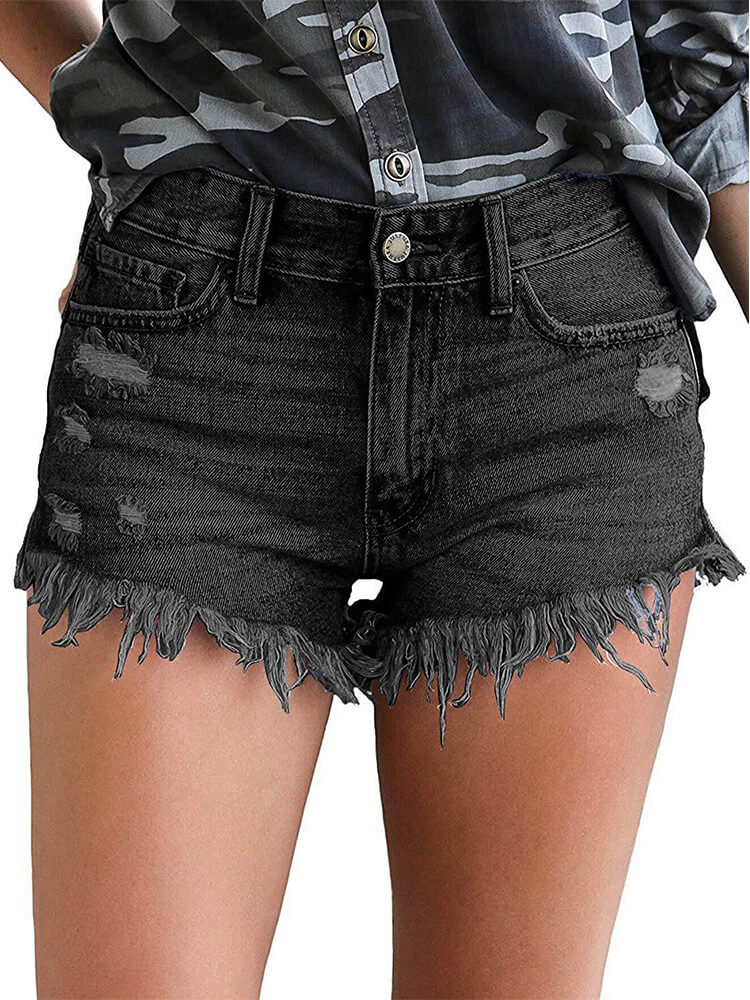 High Waist Raw Hem Frayed Ripped Denim Jean Shorts