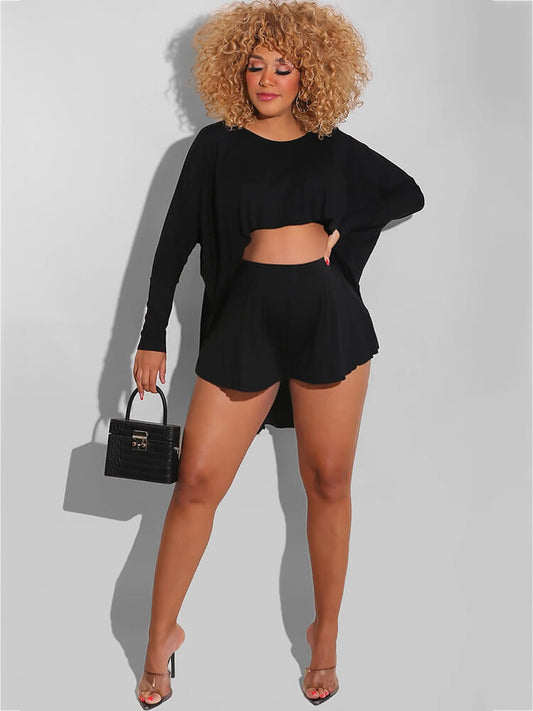 Two Piece Solid Color High-low Tops + Shorts Sets