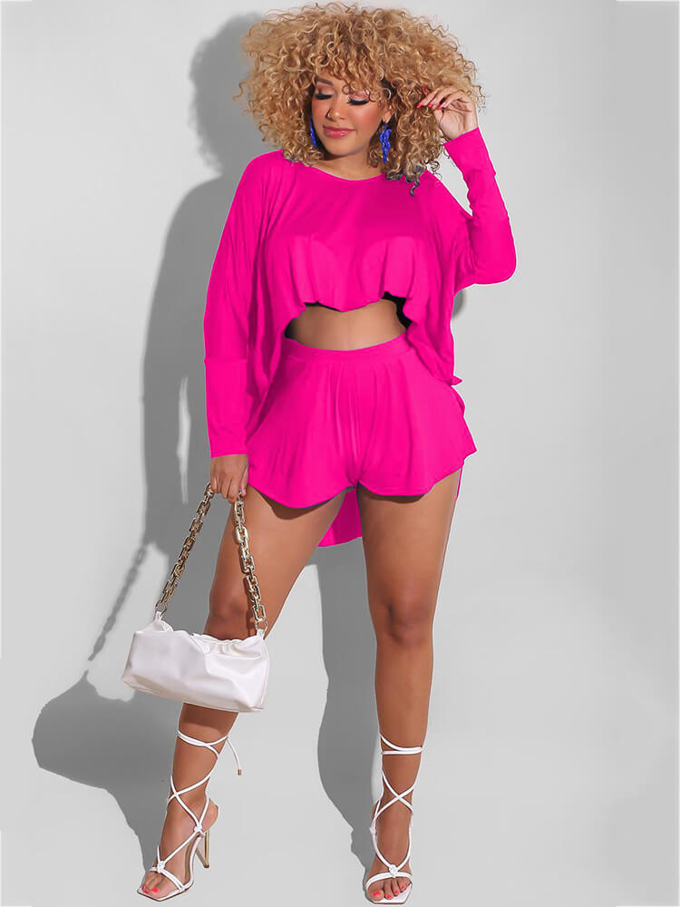 Two Piece Solid Color High-low Tops + Shorts Sets