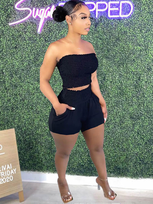 Two Piece Ruched Strapless Tube Crop Tops+Shorts Sets