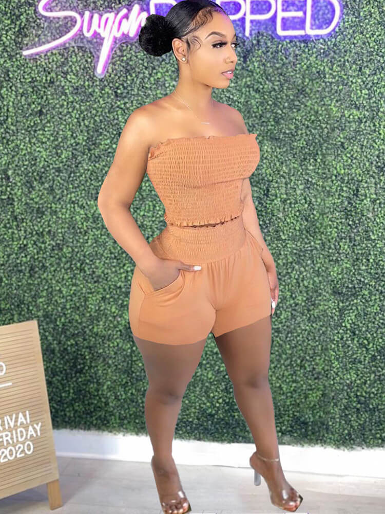 Two Piece Ruched Strapless Tube Crop Tops+Shorts Sets