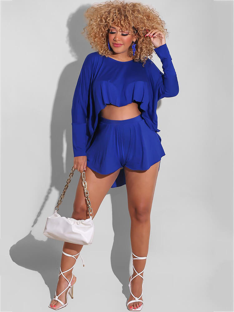 Two Piece Solid Color High-low Tops + Shorts Sets