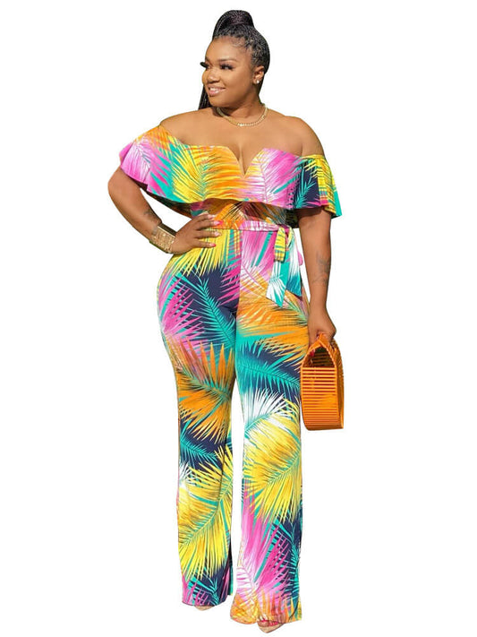 Off Shoulder Floral Printed Wide Long Pants Jumpsuit