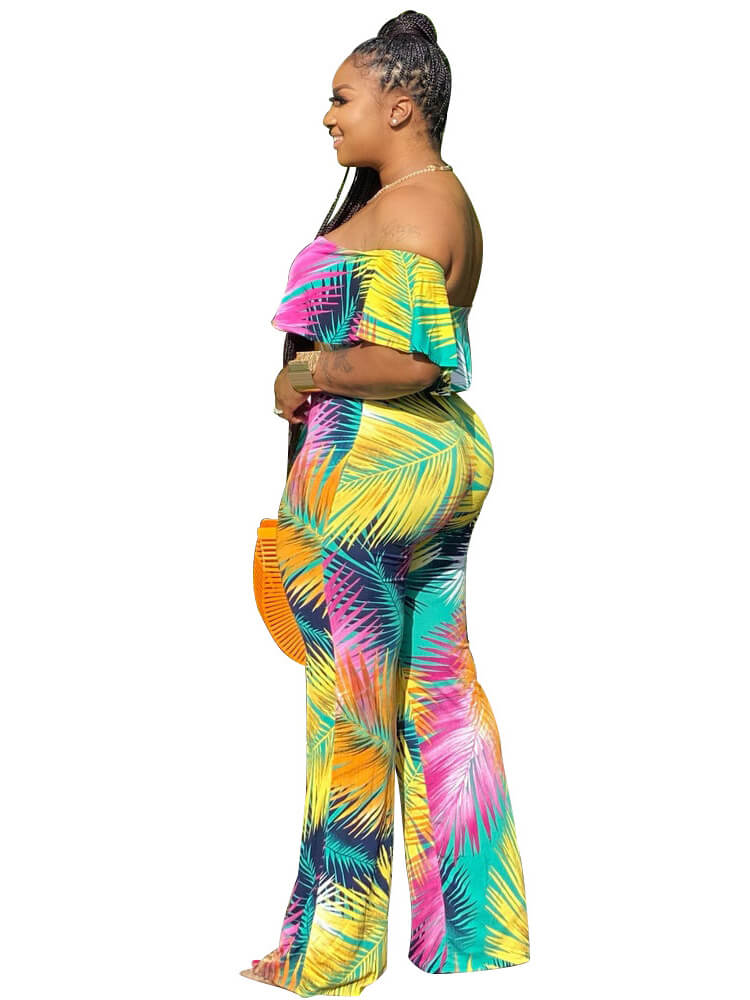 Off Shoulder Floral Printed Wide Long Pants Jumpsuit