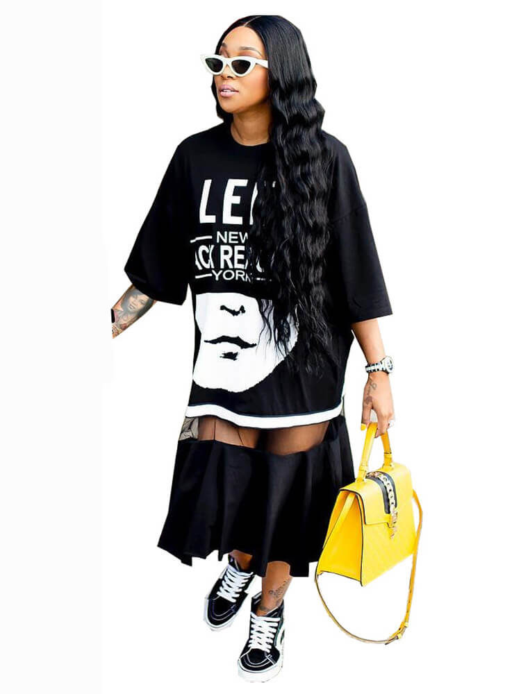 Letter Print Mesh Patchwork Layered T-shirt Dresses