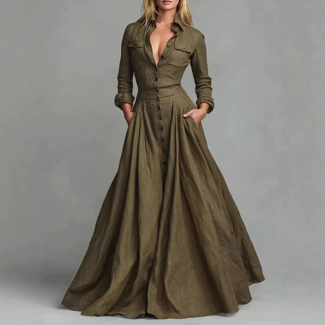 Solid-Color Button-Down Shirt Collar Dress