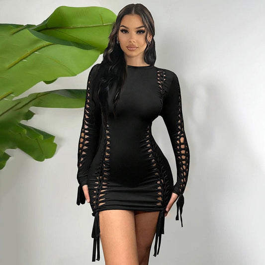 Round-Neck Ripped Hip-Hugging Dress