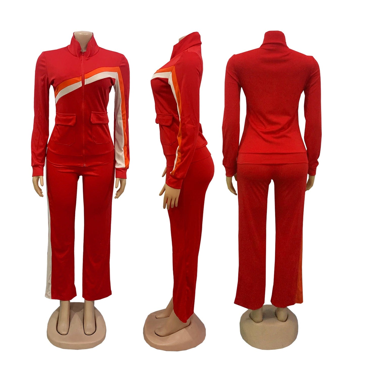 Two Piece Zipper Color Block Pant Suits
