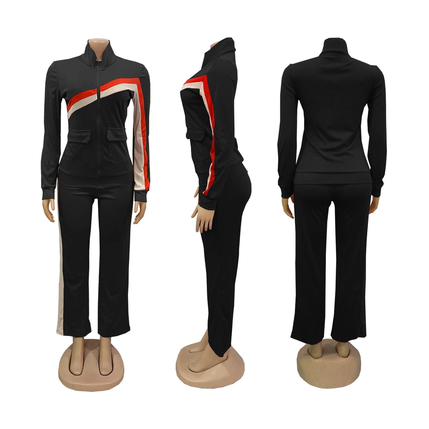 Two Piece Zipper Color Block Pant Suits