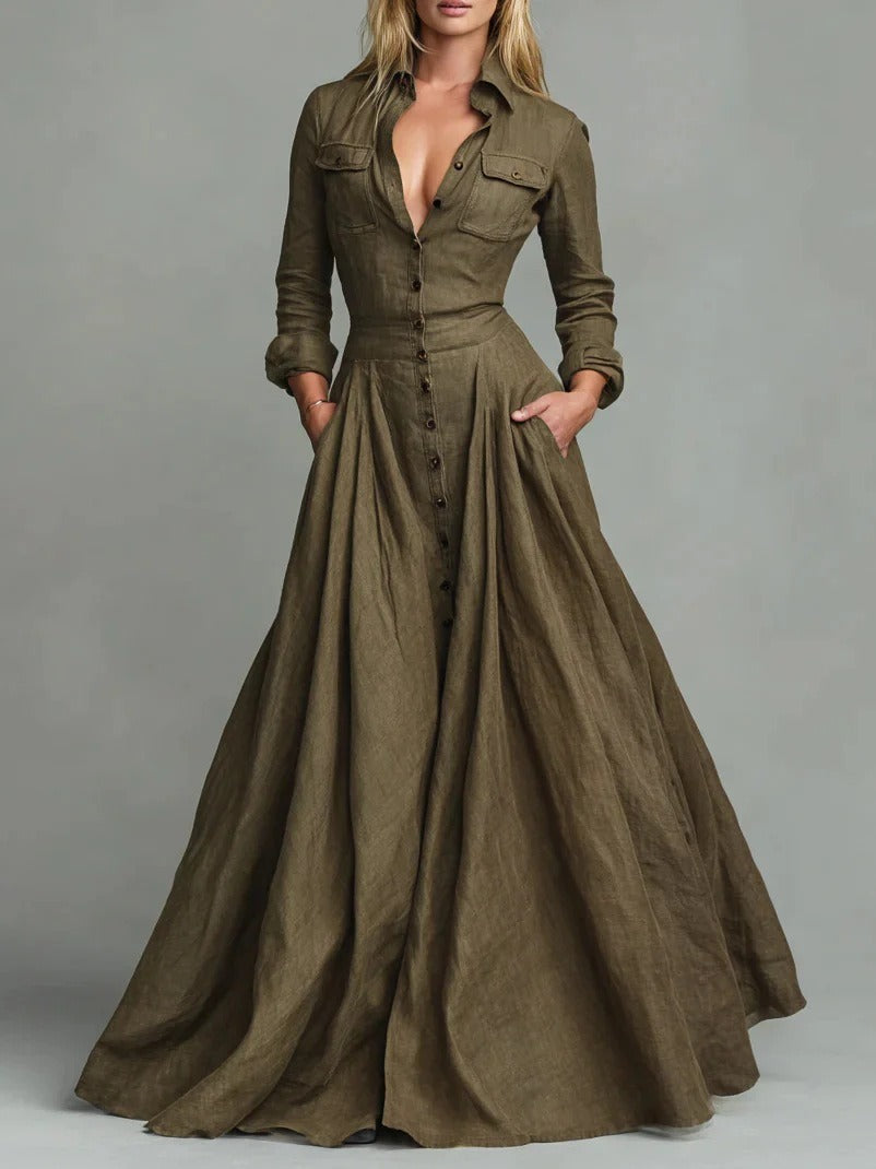 Solid-Color Button-Down Shirt Collar Dress
