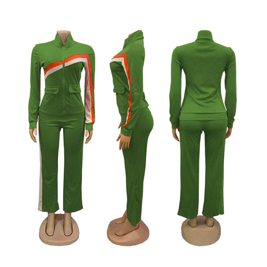 Two Piece Zipper Color Block Pant Suits