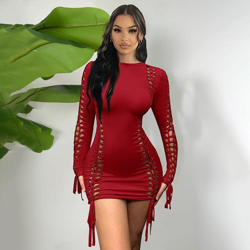 Round-Neck Ripped Hip-Hugging Dress