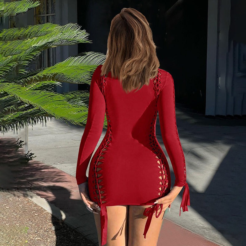 Round-Neck Ripped Hip-Hugging Dress