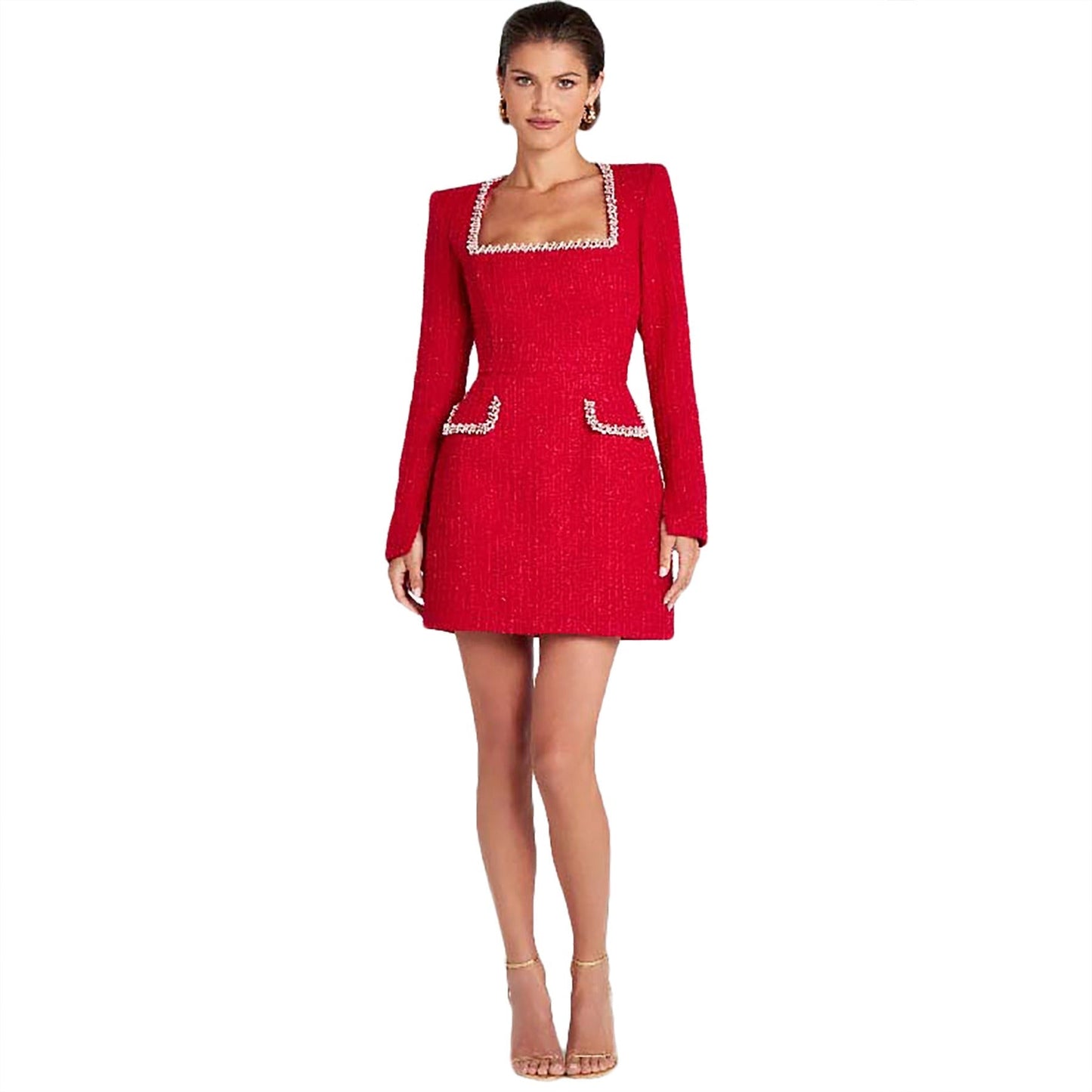 Slim-Fit U-neck Long-Sleeved Rhinestone Dress
