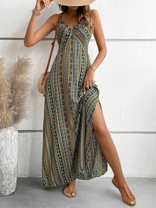 Spaghetti Strap Backless Floral Print Maxi Dresses