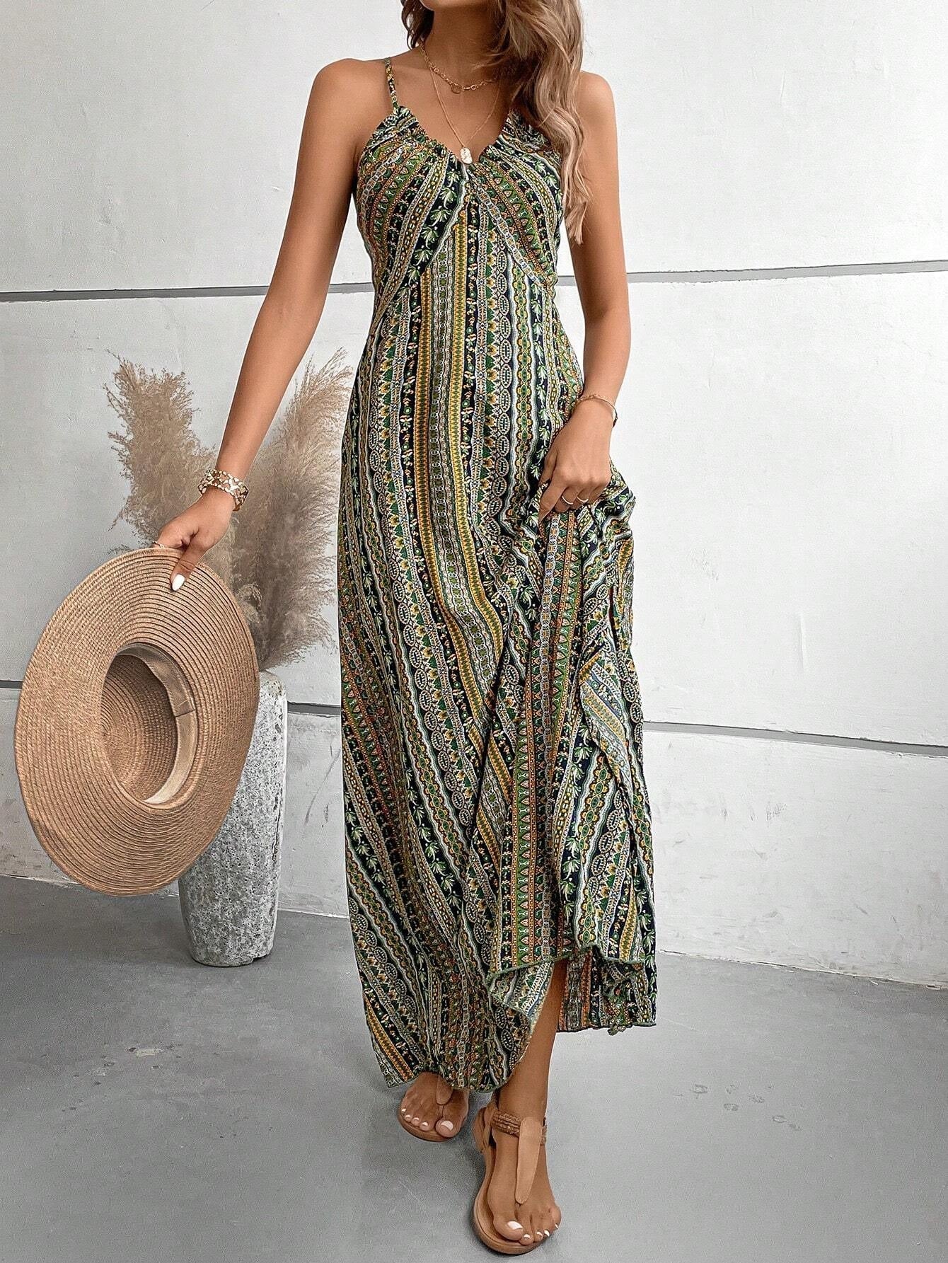 Spaghetti Strap Backless Floral Print Maxi Dresses