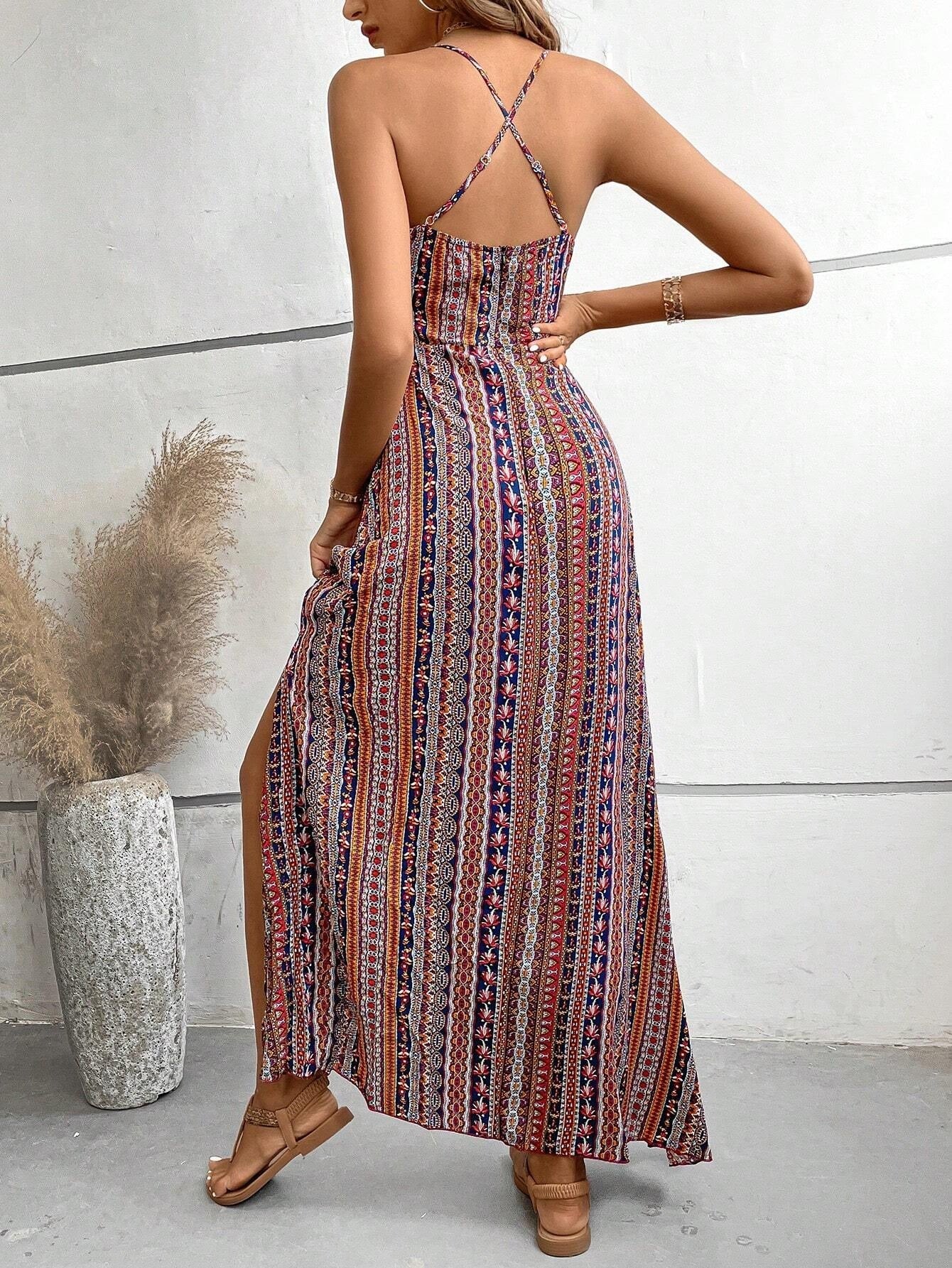 Spaghetti Strap Backless Floral Print Maxi Dresses