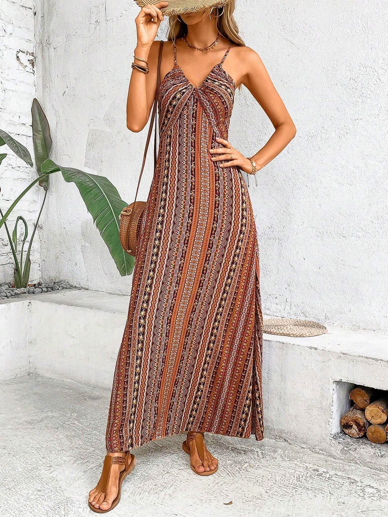 Spaghetti Strap Backless Floral Print Maxi Dresses