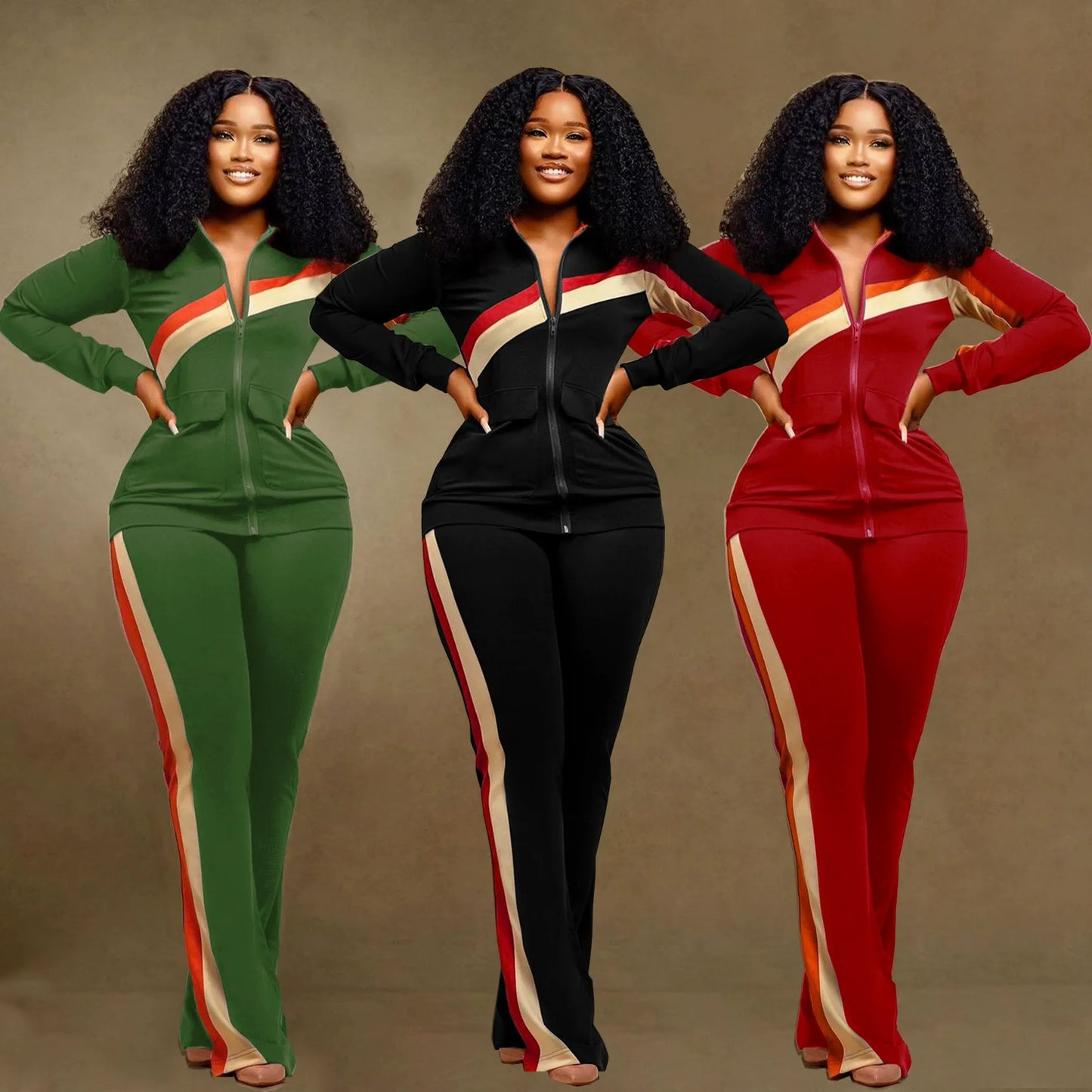 Two Piece Zipper Color Block Pant Suits