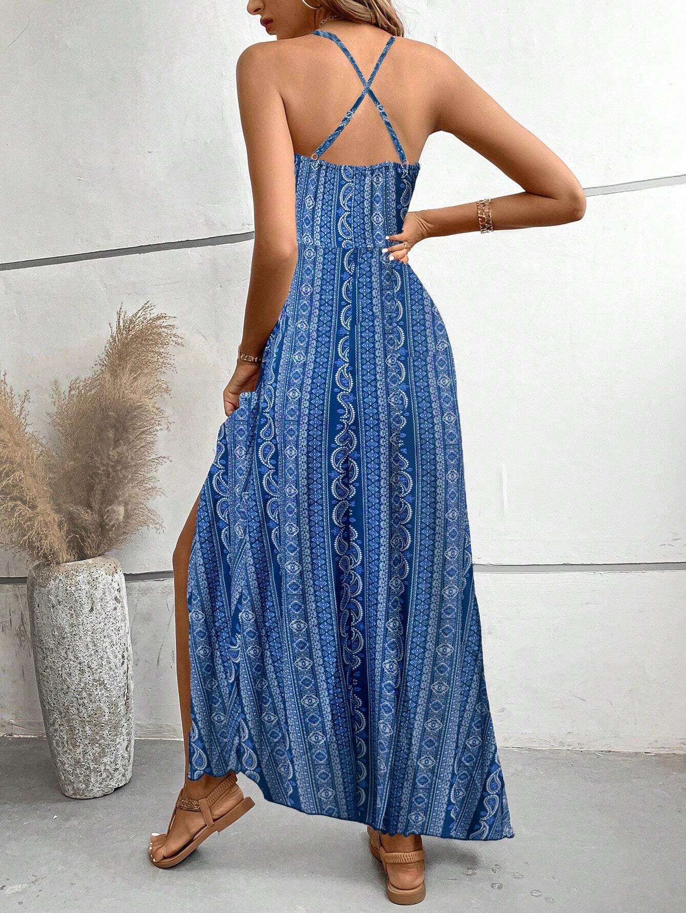Spaghetti Strap Backless Floral Print Maxi Dresses