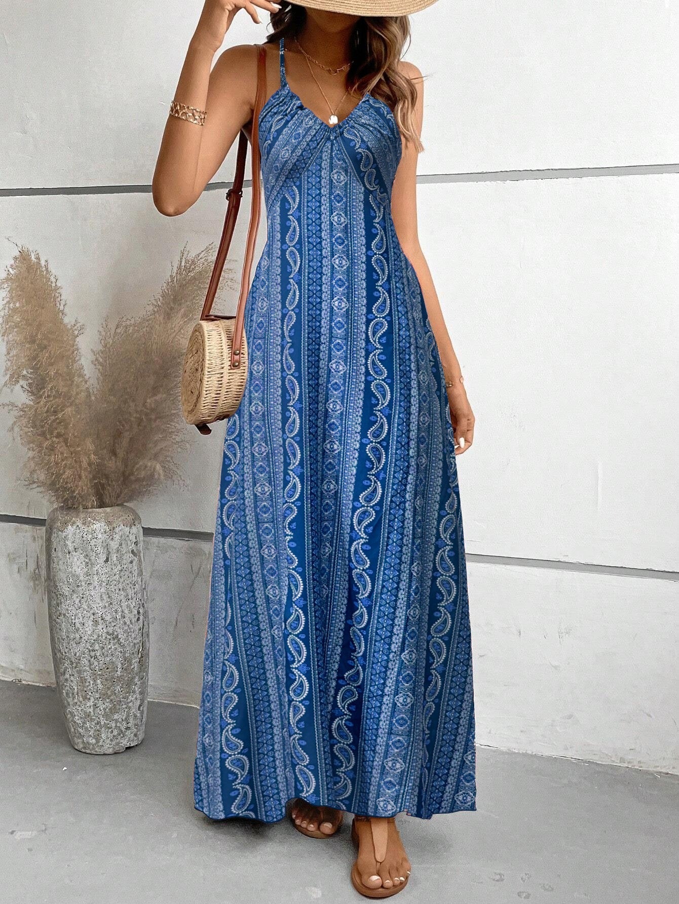 Spaghetti Strap Backless Floral Print Maxi Dresses