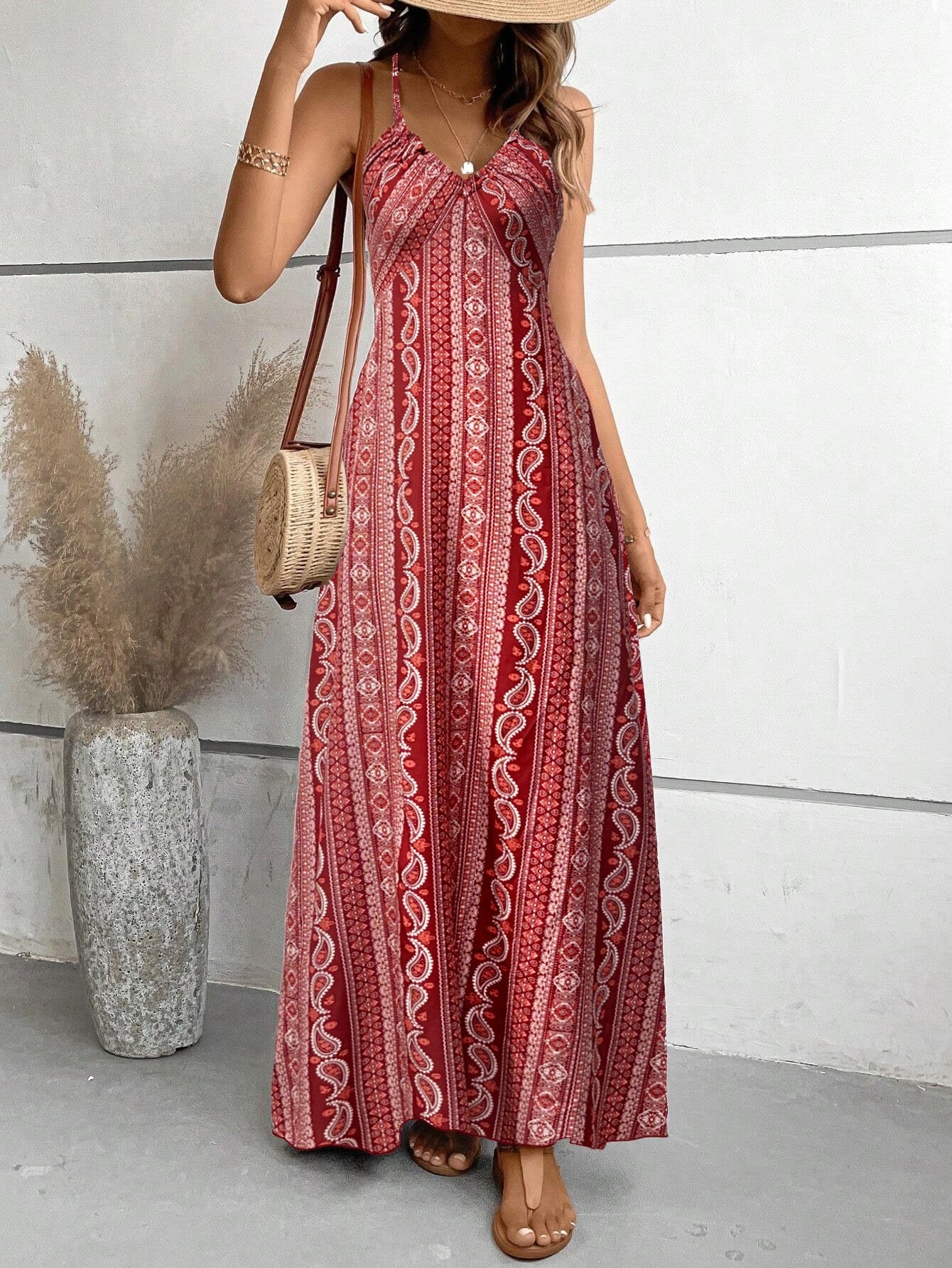 Spaghetti Strap Backless Floral Print Maxi Dresses