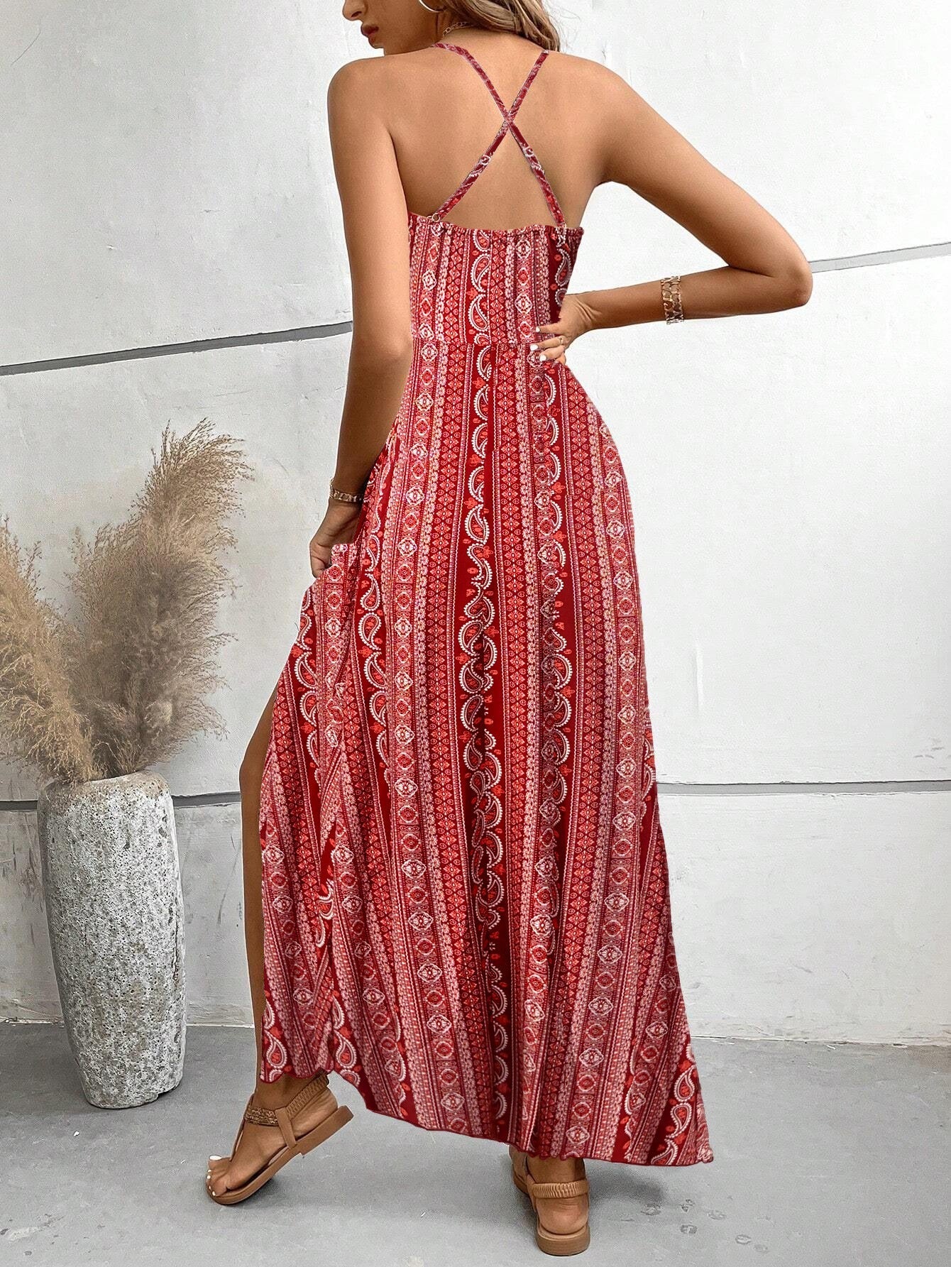 Spaghetti Strap Backless Floral Print Maxi Dresses