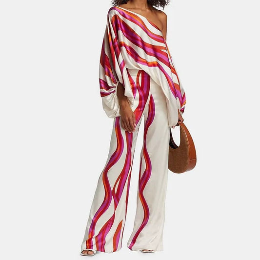 Plus Size Two Piece Stripes Crop Top + Long Pants Sets