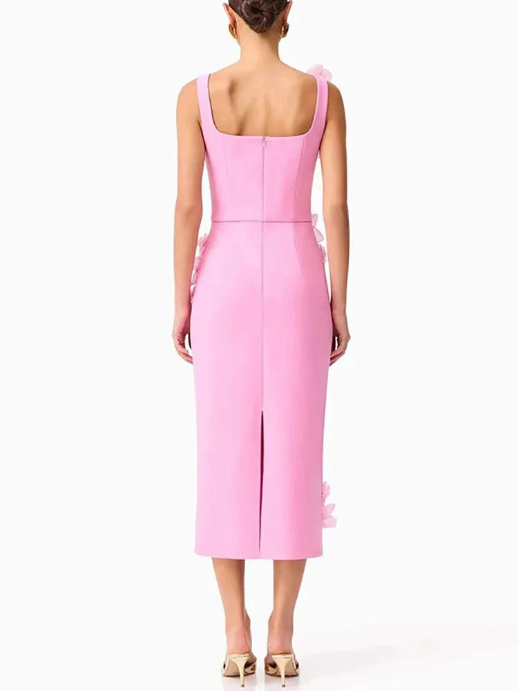 Square Neck Floral Bodycon Dress | Sleeveless Mid-Calf Gown