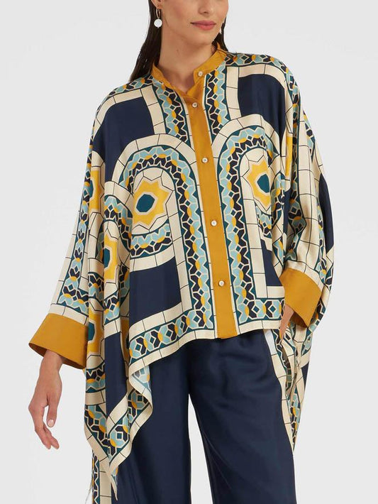Unique Retro Floral Print Stand Collar Irregular Top