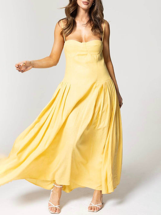 Elegant Pleated Halter Backless Dora Midi Dress