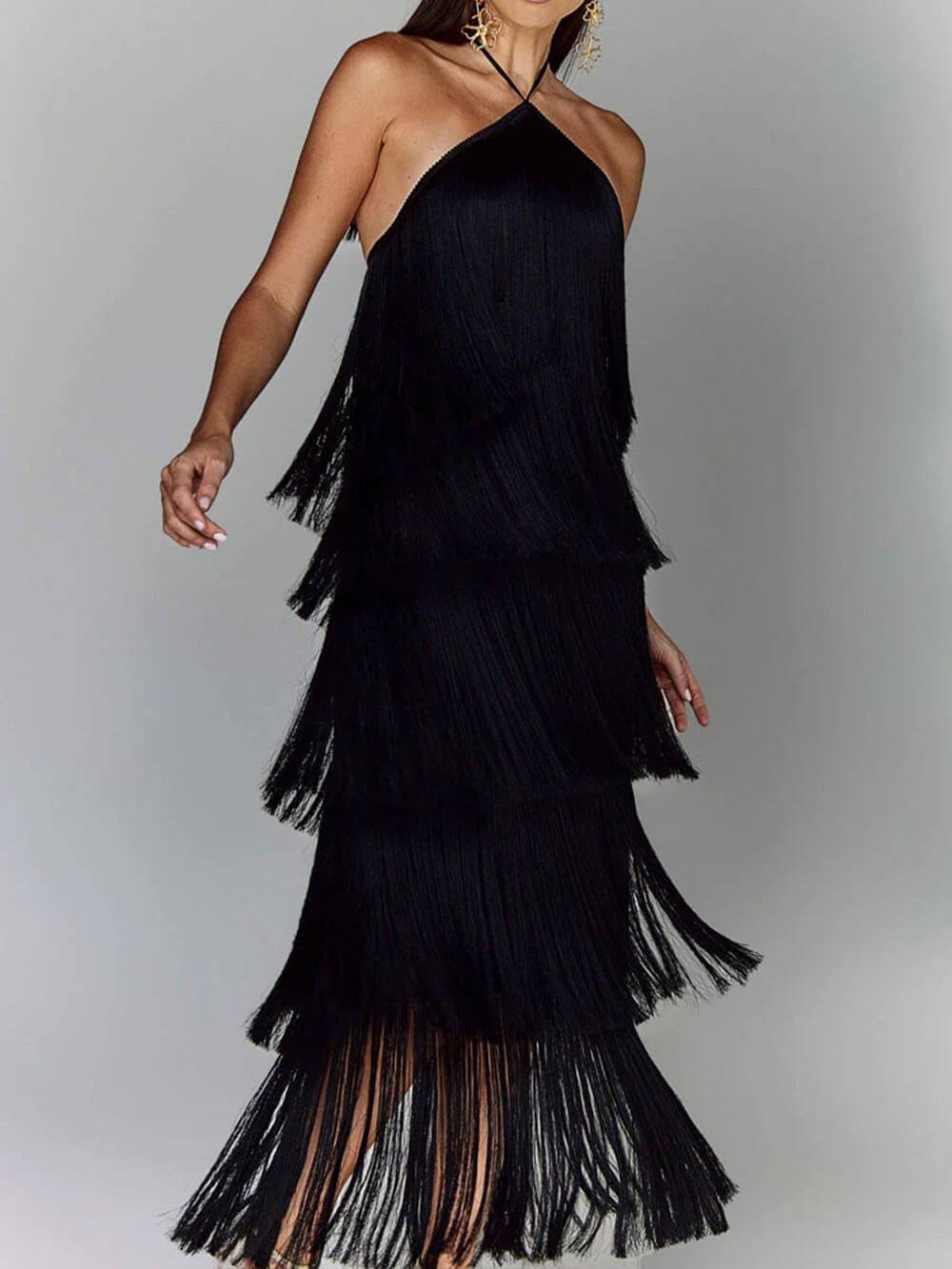 Halter Neck Tassel Backless Slit Party Dress