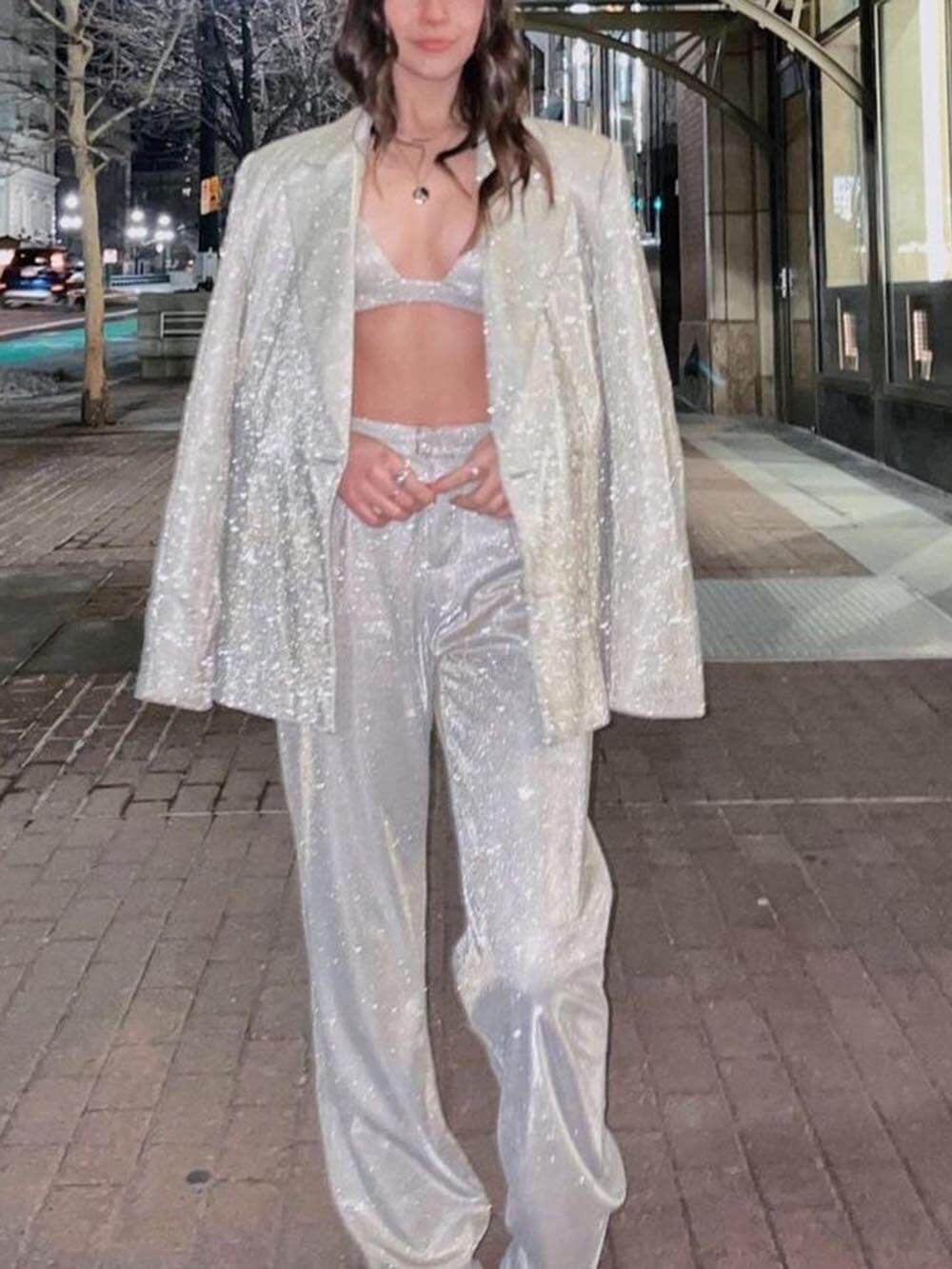 Classic Sequined Loose Flared Suit Straight Pants